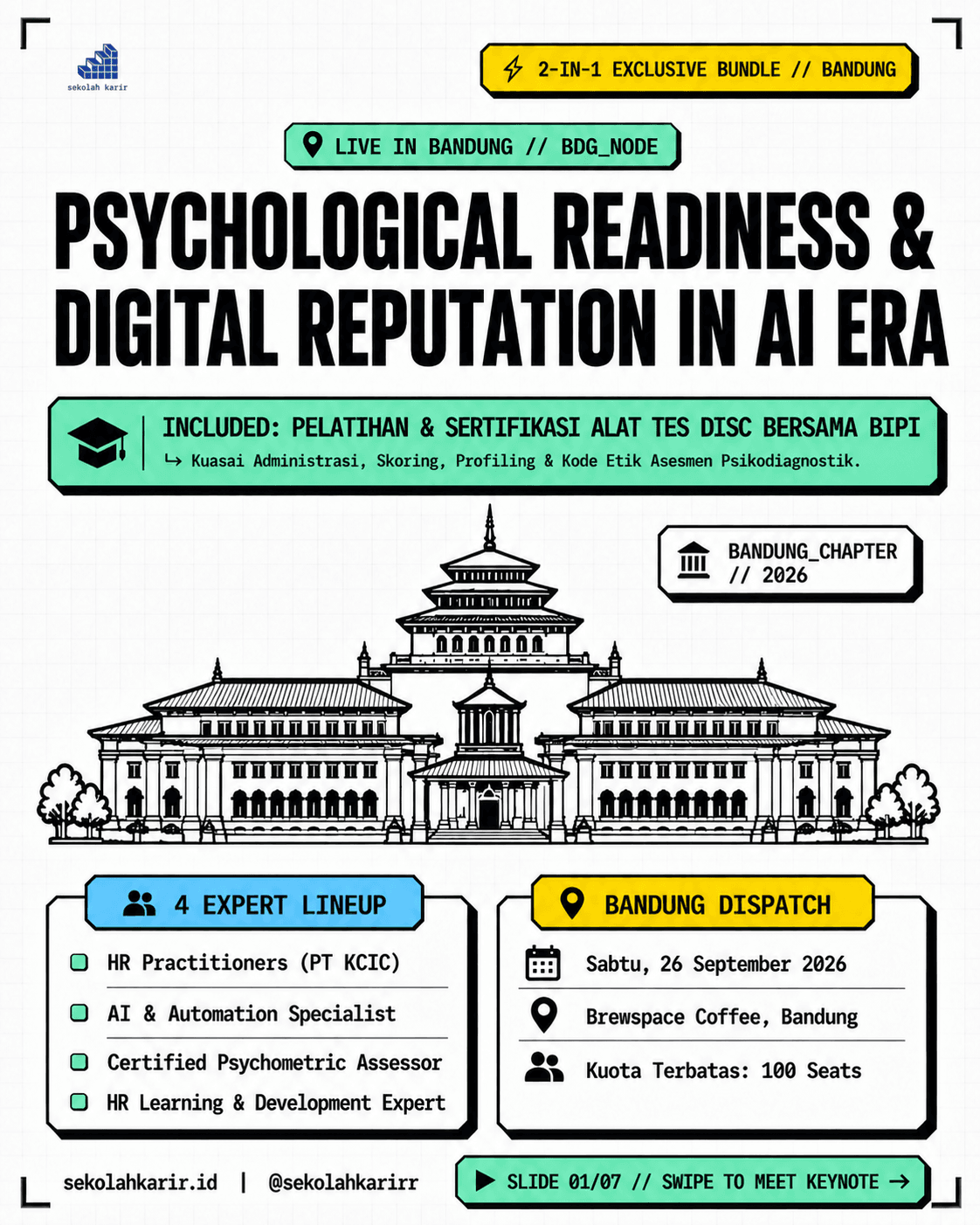 Poster 1: judul Psychological Readiness & Digital Reputation in AI Era, bundle 2-in-1 dengan pelatihan dan sertifikasi alat tes DISC bersama BIPI, 4 expert lineup, Sabtu 26 September 2026 di Brewspace Coffee Bandung, kuota 100 kursi.