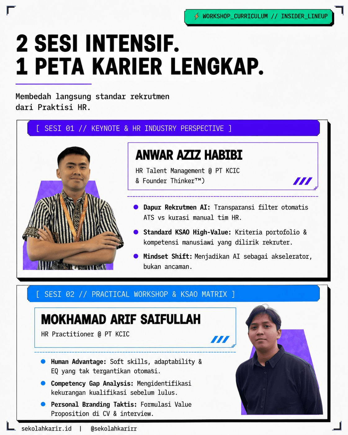 Poster 3: dua sesi intensif bersama praktisi HR PT KCIC, Anwar Aziz Habibi dan Mokhamad Arif Saifullah, membedah dapur rekrutmen AI, standar KSAO, competency gap, dan personal branding taktis.
