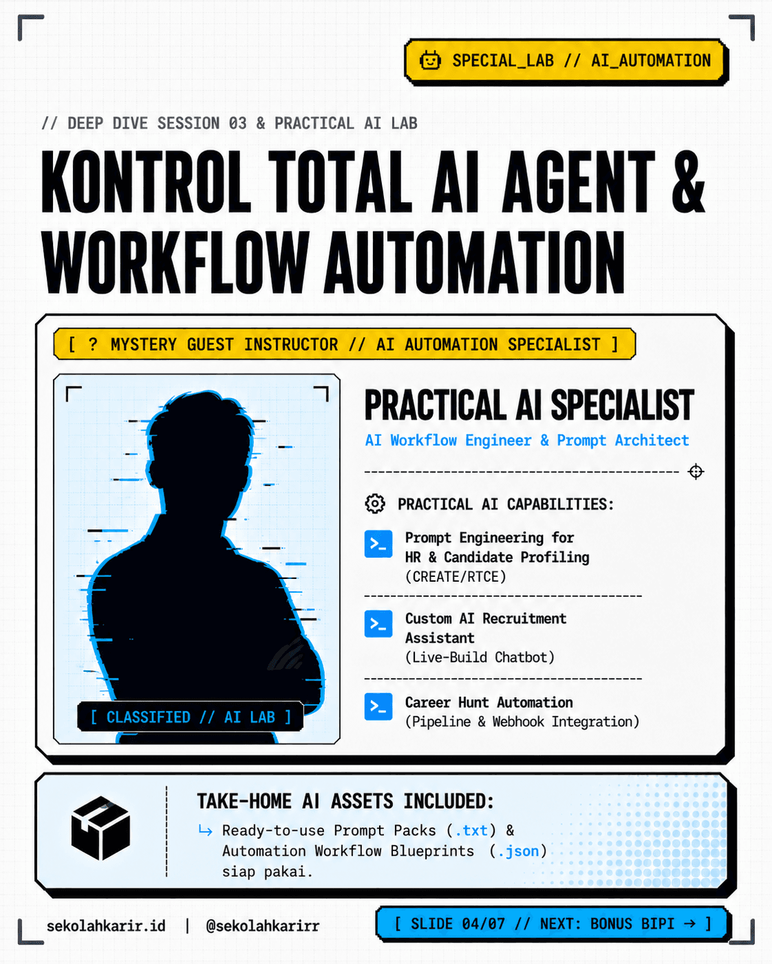 Poster 4: deep dive session 03 dan practical AI lab, Kontrol Total AI Agent & Workflow Automation, dibawakan mystery guest instructor berperan sebagai practical AI specialist, dengan take-home prompt pack dan workflow blueprint.