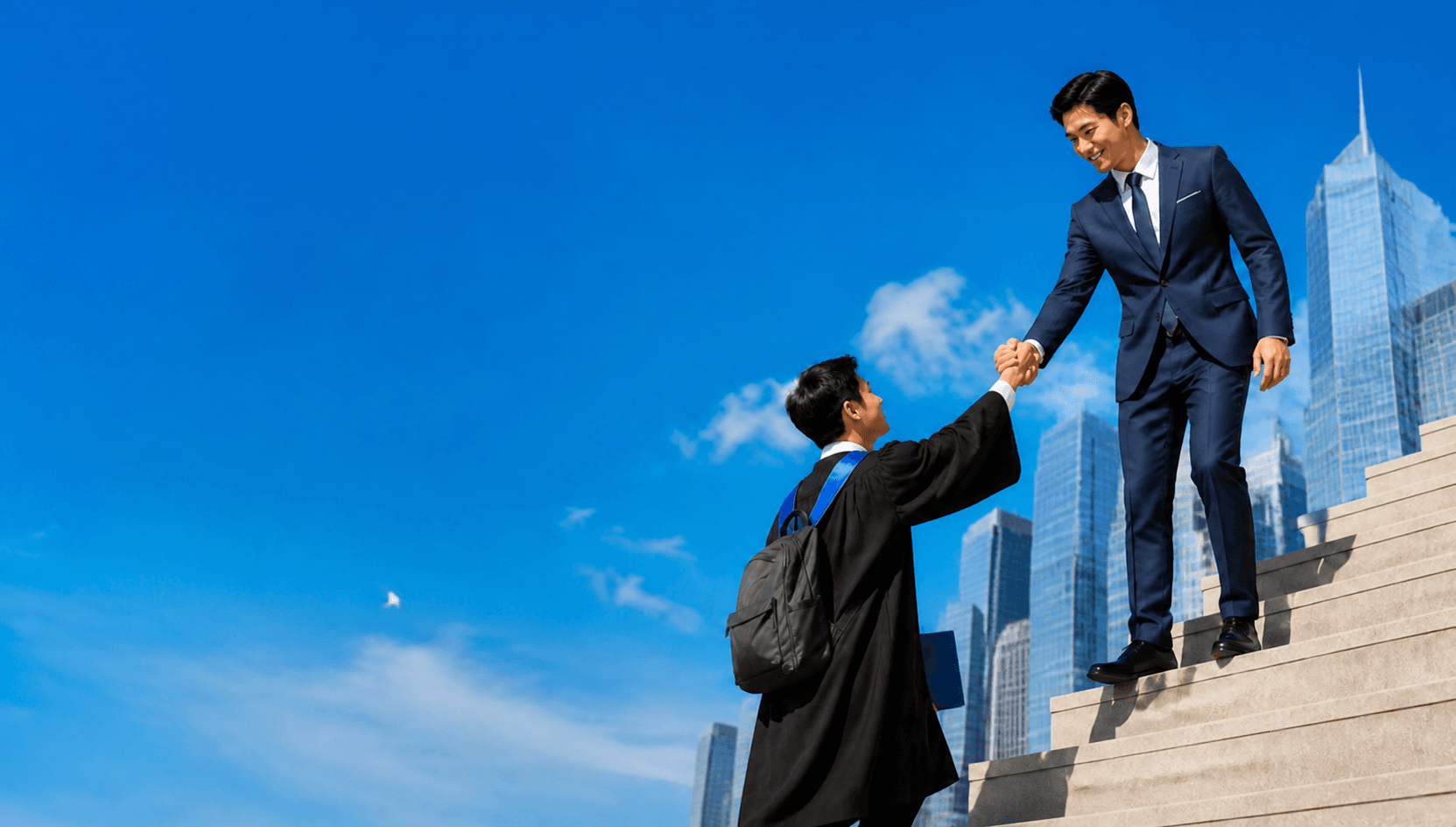 Fresh graduate berjabat tangan dengan profesional di lingkungan perkantoran