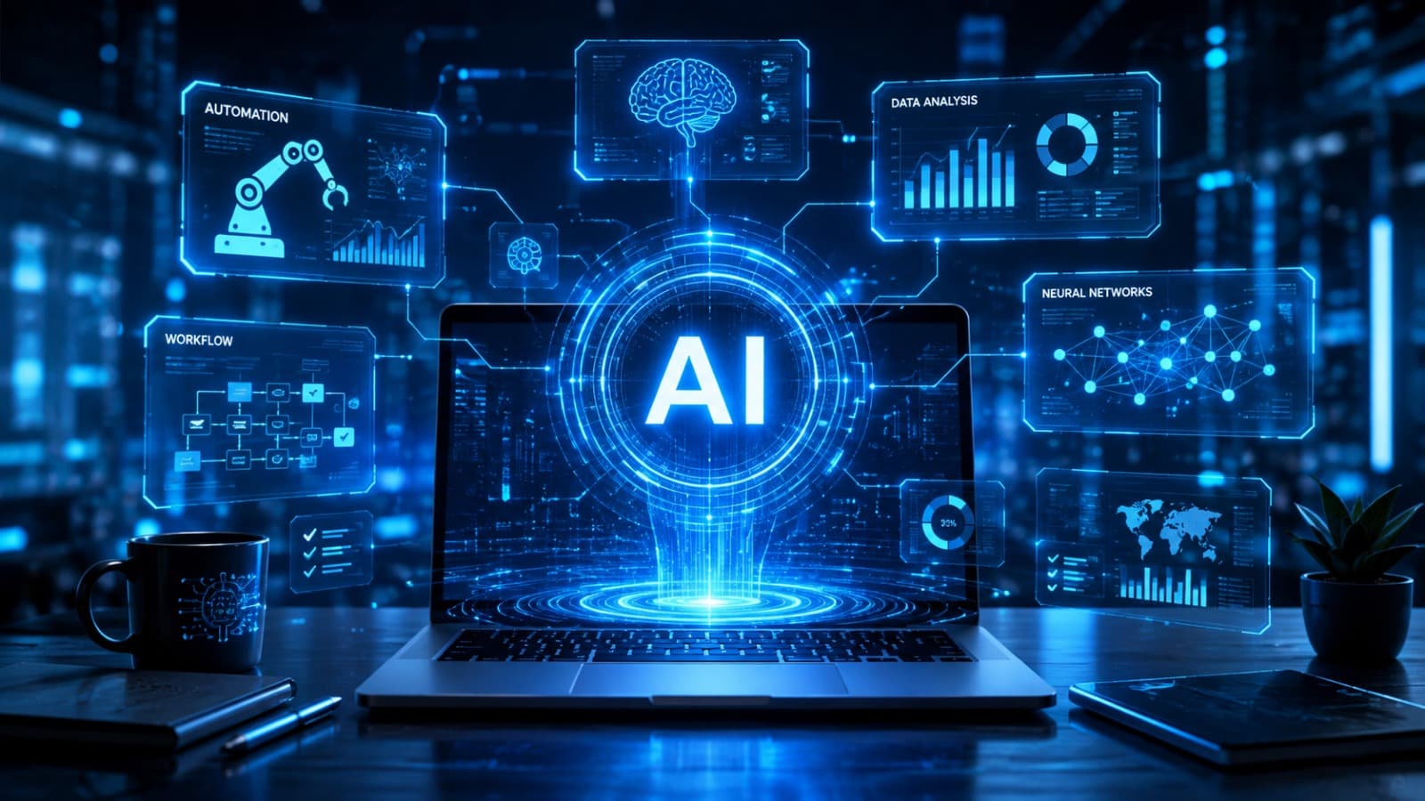 Laptop menampilkan panel AI, alur kerja otomatis, dan grafik analisis data