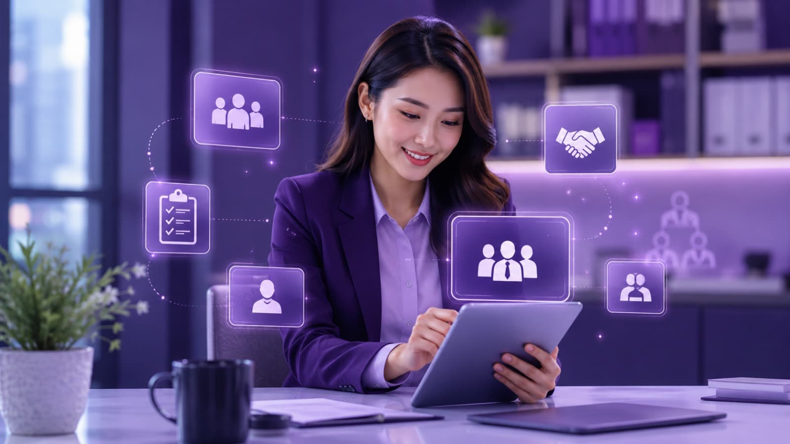 Seorang HR bekerja dengan tablet, dikelilingi ikon kandidat dan proses rekrutmen
