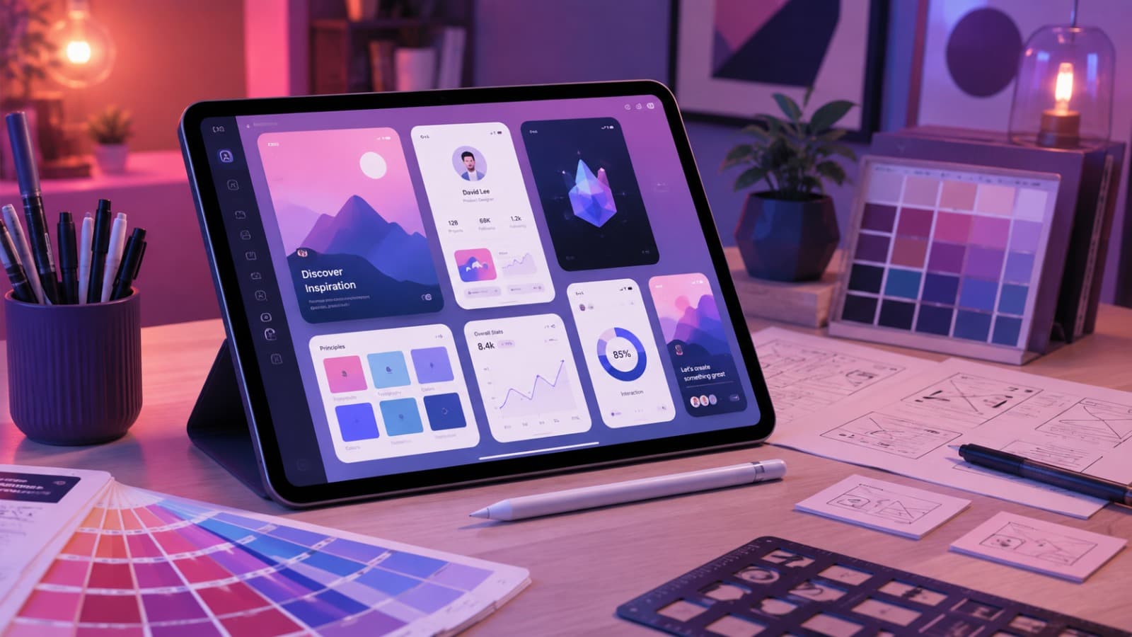 Tablet menampilkan design system di meja kerja dengan palet warna dan sketsa wireframe